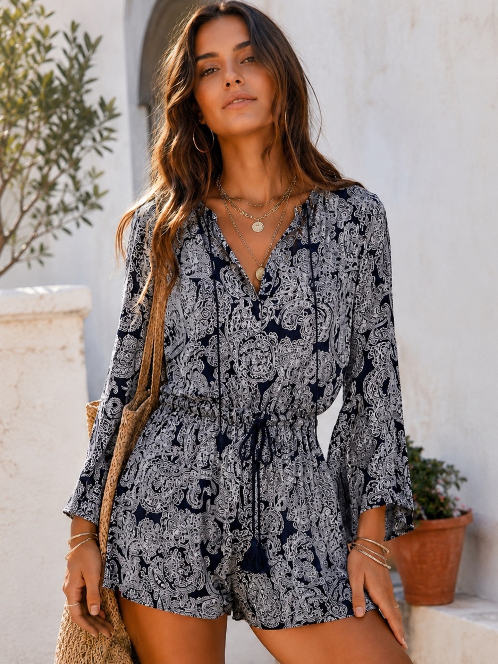 Navy Paisley Boho Romper Tassel Tie Waist Oversized Viscose Resortwear